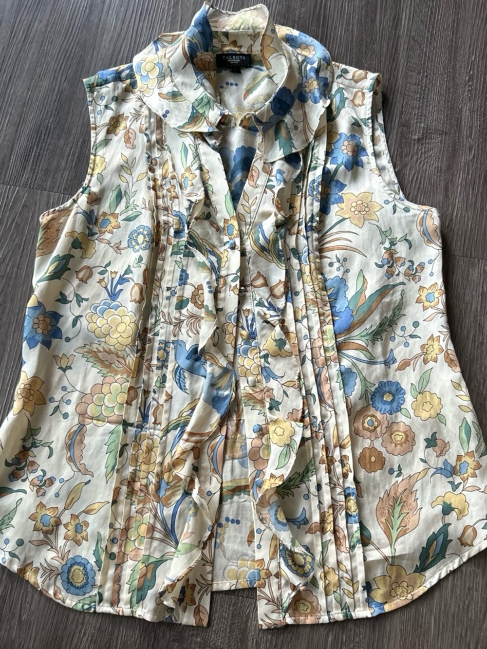 Talbots Cream Floral Sleeveless Ruffle Front Blouse